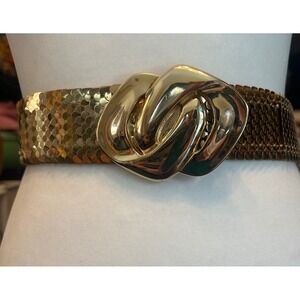 Vintage Gold Sequin Fish/Snake Scale Elastic Belt Interlock Buckle 80's Disco